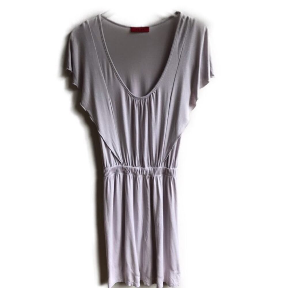 Akira Flutter Sleeve V-Neck Stretch Jersey Dress Size M Gray Purple Ruffle Drape